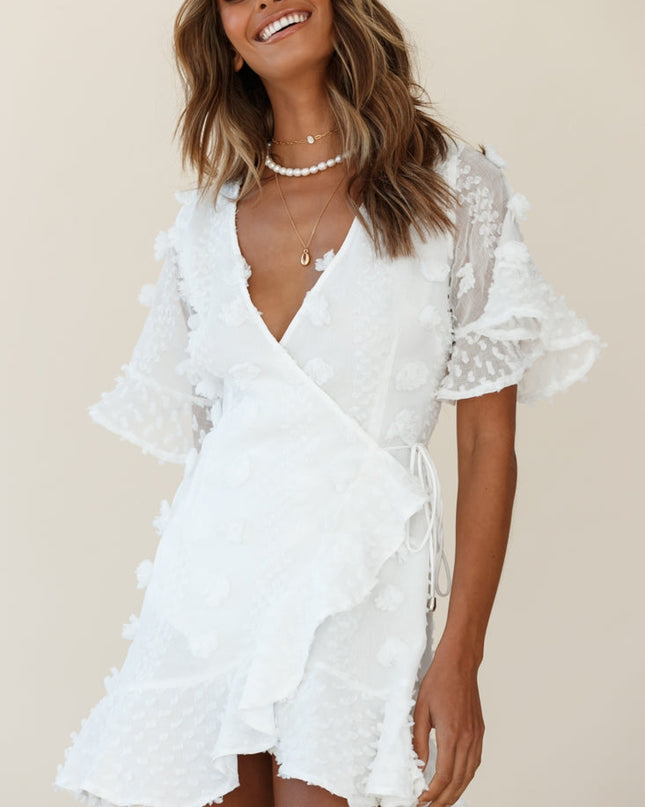 White Sleeve Embellished Wrap Dress