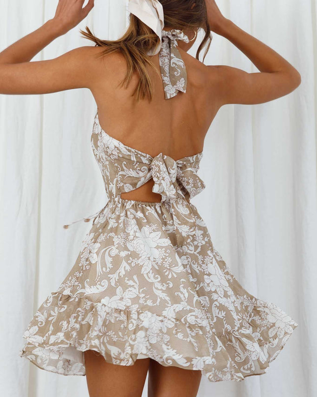 Beige Halter Neck Tie Back Dress