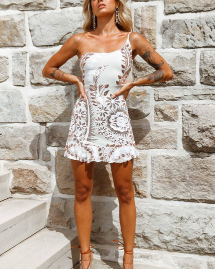 White/Gold Up One Shoulder Sequin Dress
