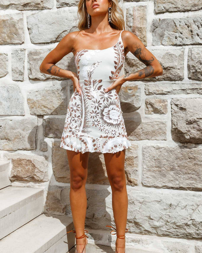 White/Gold Up One Shoulder Sequin Dress